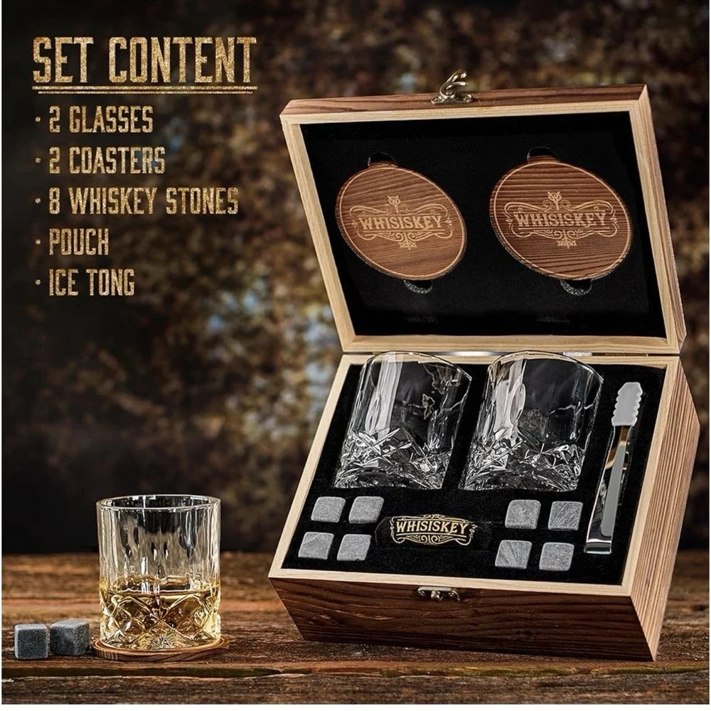 Whiskey Ice Stone Set Gift Box w/ Cups, Ice Stones, Tongs, Velvet Bag, Coaster